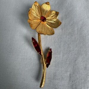 Gold Floral Stem Brooch with Red Rhinestones
